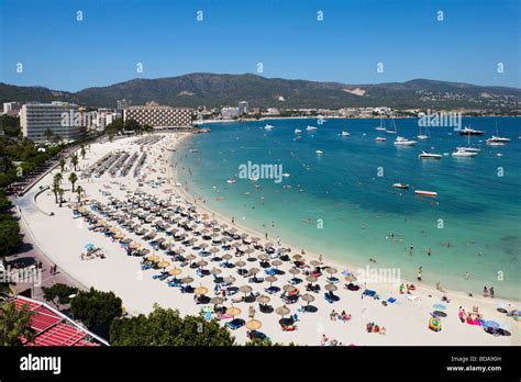 View over the main beach at Palmanova, Bay of Palma, South Coast, Mallorca, Balearic Islands ...