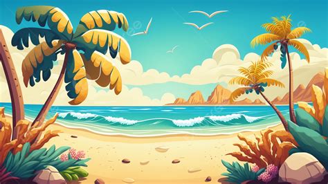 Summer Beach Cartoon Background, Summer, Beach, Vacation Background ...