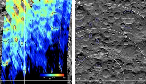 Distribution of water near the lunar south pole. (a) In false color, a ...