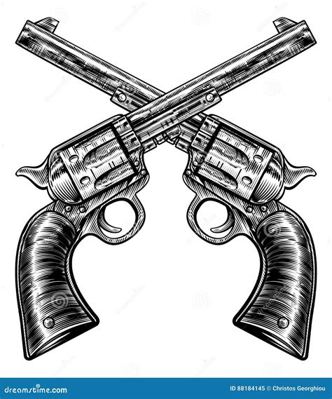 Crossed Pistol Gun Revolvers Vintage Woodcut Style Stock Vector ...