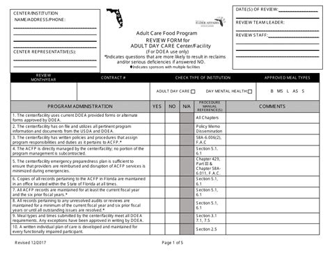 Florida Review Form for Adult Day Care Center/Facility - Adult Care Food Program - Fill Out ...