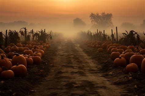 Premium AI Image | pumpkins in the foggy field at sunset