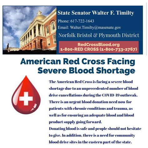 American Red Cross Facing Severe Blood Shortage - Senator Walter F. Timilty