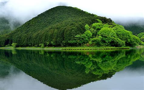 HD wallpaper: Japan Reflection Green Mountain-Nature HD Wallpape.., water, green color ...