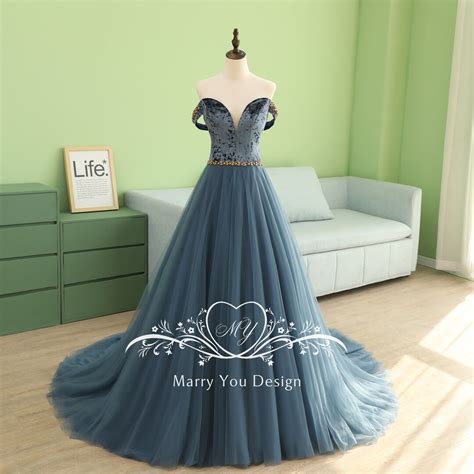 Blue Velvet Deep V-neck Prom Dress for Woman,off-the-shoulder Fairy Dress for Senior Prom ...