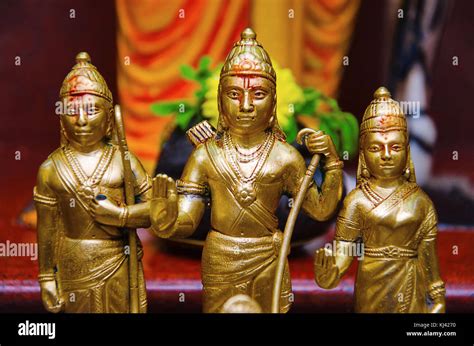 Close up of Lord Rama, Lakshman and Sita -Janaki Parivar statues in Brass. Patit Pavan Sri Ram ...