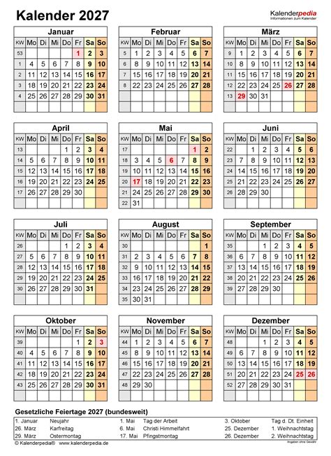 Kalender 2027 zum Ausdrucken in Excel - 19 Vorlagen (kostenlos)