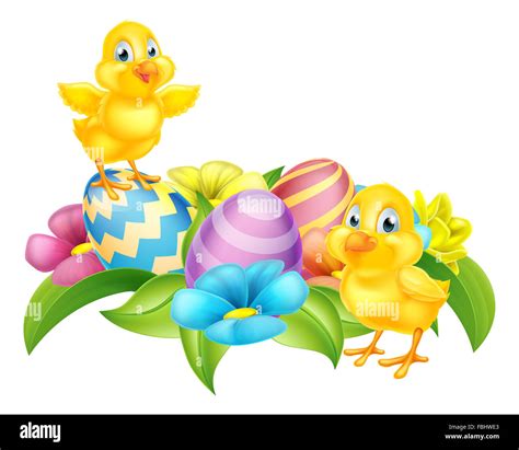 Cute Cartoon Easter Chicks, Easter Eggs and spring flowers cartoon ...