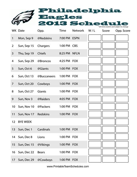 Philadelphia Eagles Printable Schedule