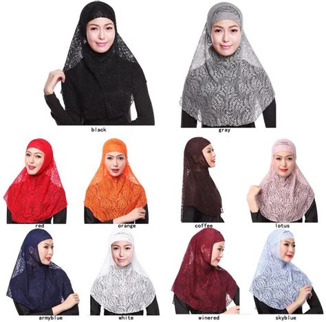 10 colors Full Cover Muslim Hat Hijab Two Piece Set Lace Hoofddoek Moslima Solid Islamic Head ...