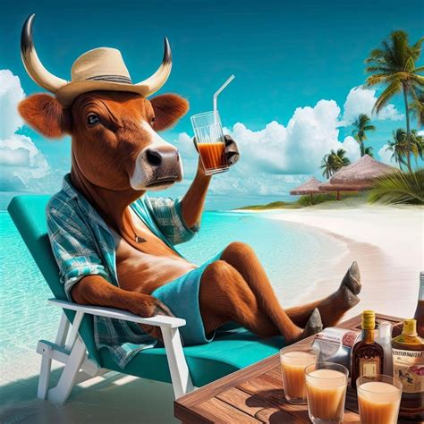 Premium Photo | Cow vacation Beach holidays cow drinking cocktail beach ...