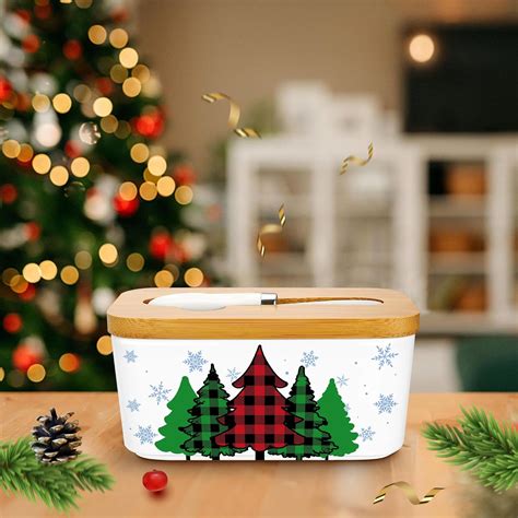 Amazon.com | Ceramic Christmas Butter Dish with Lid Knife, Christmas Tree Plaid Kitchen Decor ...