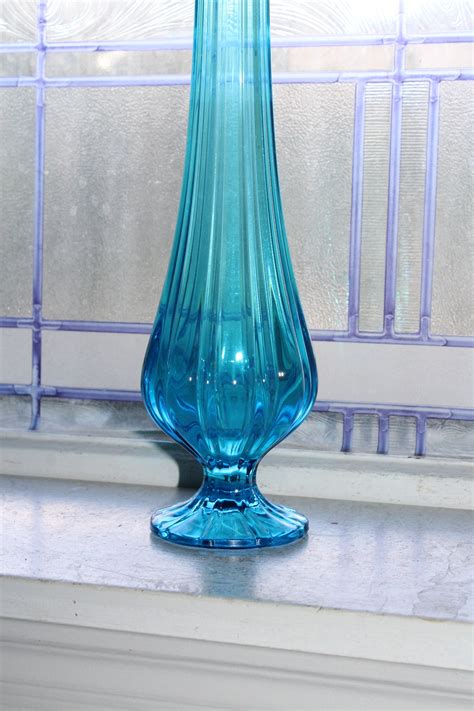 Large Blue Swung Glass Vase 15.25 Vintage Mid Century Modern