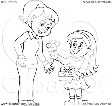 Clipart of a Cartoon Black and White Thoughtful Girl Giving Her Mom a ...