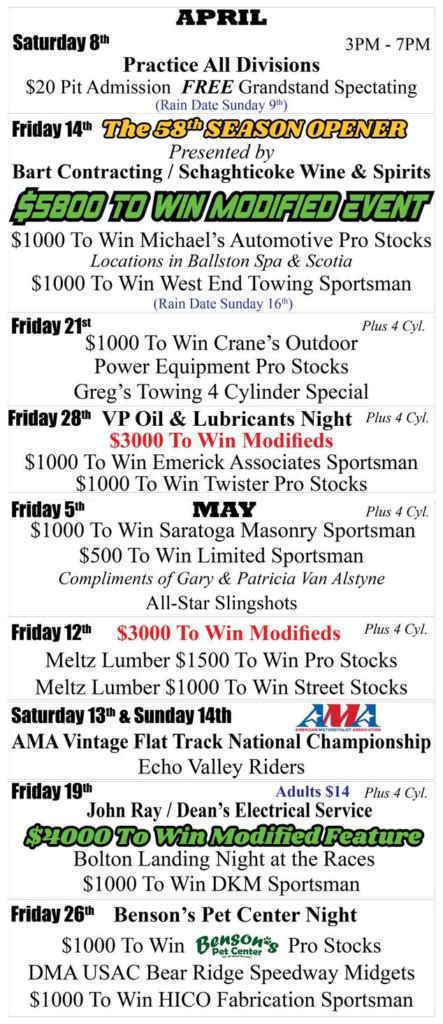 Albany-Saratoga Speedway Releases Schedule Of Events For 2023 Racing Season – Race Pro Weekly