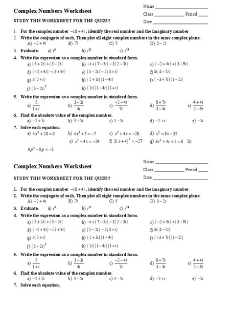 Complex Numbers Worksheet | PDF | Complex Number | Numbers