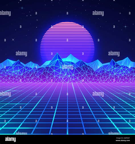 Futuristic retro landscape of the 80`s in neon colors. Sun with mountains in retro style ...