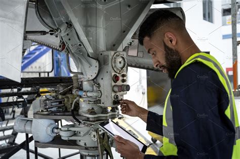 Male aircraft maintenance engineer examining engine of an aircraft ...