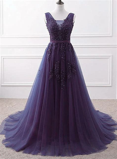 Purple Tulle Beaded Long Formal Party Dress, Dark Purple Evening Dress ...