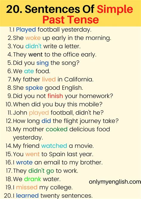 20 Examples of Simple Past Tense Sentences