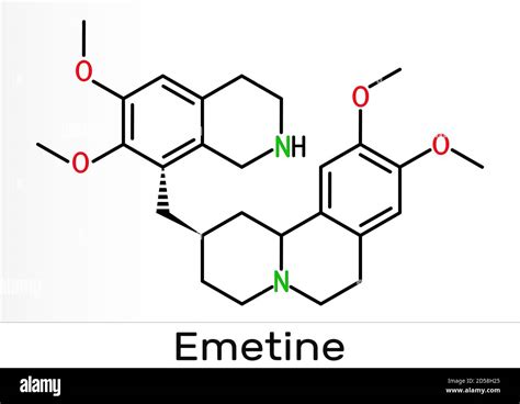 Emetine molecule. It is an antiprotozoal agent and emetic. Skeletal ...