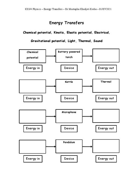 Energy Transfers Worksheet | PDF