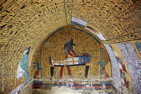 Wall painting and decoration of the tomb: ancient Egyptian gods and hieroglyphs in wall painting ...