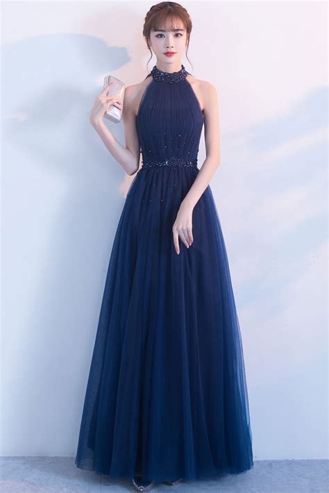 Dark blue tulle high neck long prom dress, dark blue bridesmaid dress ...