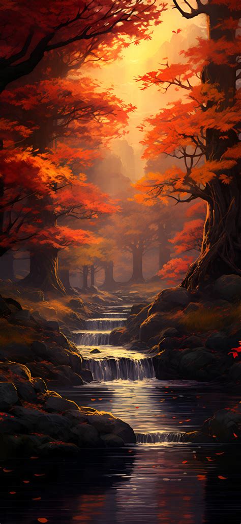 Stream in the Red Autumn Forest Wallpaper - Fall Wallpaper iPhone