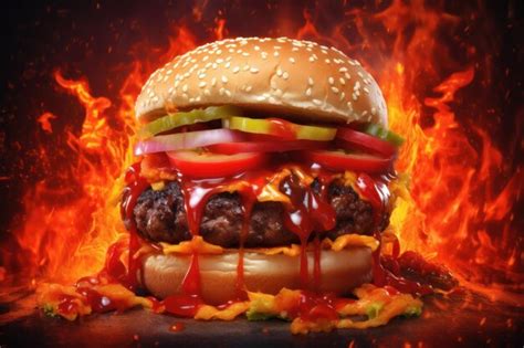 A burger with ketchup and tomato sauce is on a fire background ...