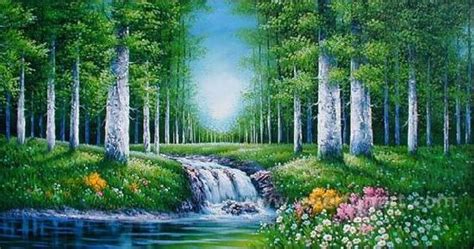 Green Forest Painting Original Trees Wall Art River Oil Sweden ...