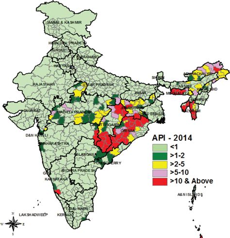 Map of India showing the malaria distribution. States of Odisha ...