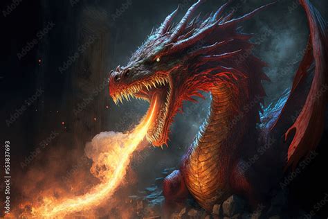 Red giant dragon breathing fire on dark background. Mythology creature ...