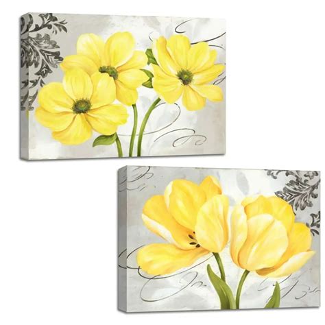 Beautiful Yellow and Gray Grey Flowers Canvas Wall Art Abstract Floral ...