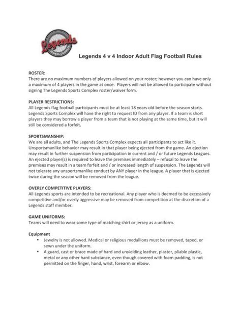 Legends 4 v 4 Indoor Adult Flag Football Rules - Legends Sports ...