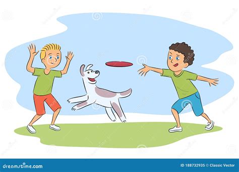 Niños Y Perros Jugando Con Dibujos Animados En Disco Ilustración del Vector - Ilustración de ...