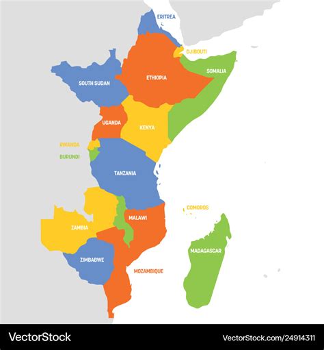 East africa region map countries in eastern Vector Image