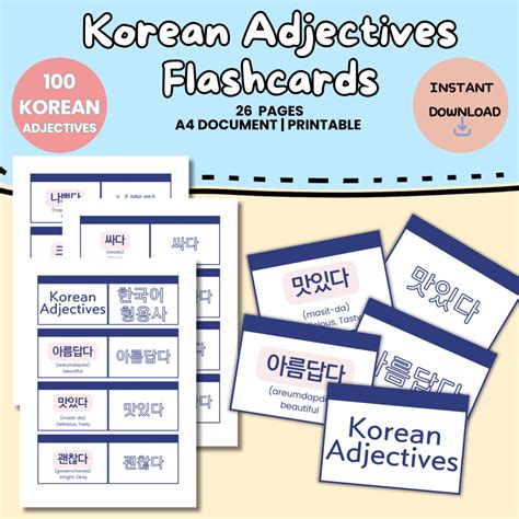 Korean Adjective Flashcards Printable Digital Download | Learn Basic Vocabulary Flash Cards for ...