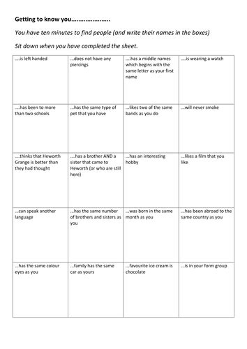 SEAL Transition Year 7 Getting to know each other WORKSHEET by lesley1264 - Teaching Resources - Tes