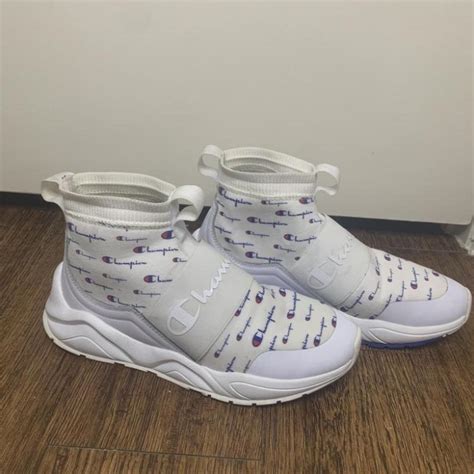 White Champion sneakers with logo all over them ,... - Depop