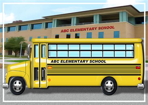 School Bus In Front Of School Painting by Elaine Plesser