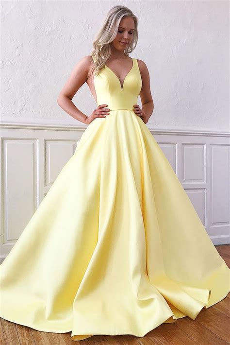 Simple yellow v neck satin long prom dress yellow formal dress – dresstby