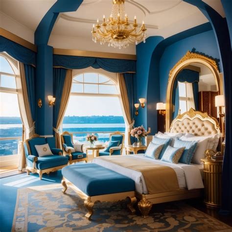 Premium Photo | Luxury 7 star hotel room view sea and mountain