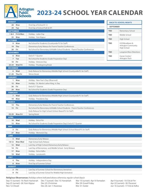 Arlington 2024-24 School Calendar - Garnet Federica