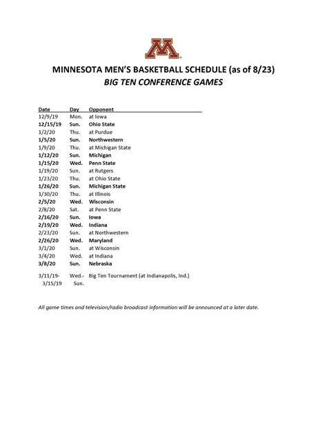 Printable Minnesota Gopher Basketball Schedule