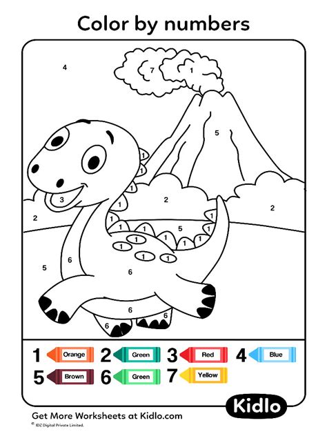 Color By Numbers - Dino Worksheet #43 - Kidlo.com