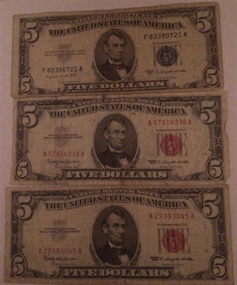 Set of Three 1953 Five Dollar Bill $5 Red Seal Blue United States Note ...