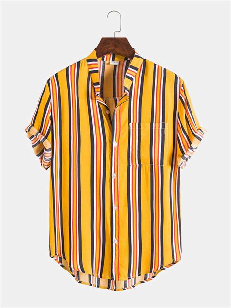 Mens Breathable Colorful Vertical Stripe Button Up Casual Short Sleeve ...