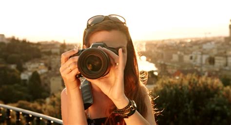 Teenage Hipster Woman Having Fun Taking Pictures With Old Camera In ...