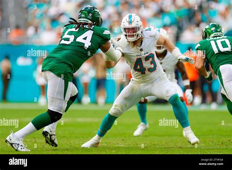 Miami Dolphins linebacker Andrew Van Ginkel (43) rushes during an NFL regular season game ...